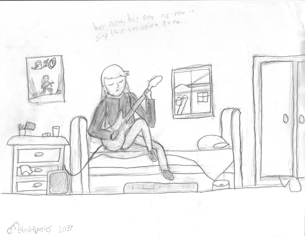A man plays bass in his room.