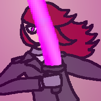 A man with a glitched eye holds a sci-fi laser sword