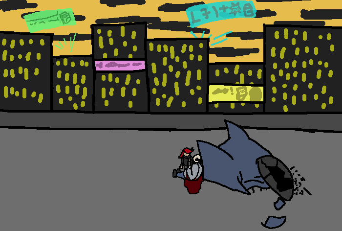 A man kneeling over a dead man next to a wrecked futuristic race car.  In the background is a bustling cityscape.