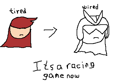 A doodle of a man in a superhero-like helmet, with the caption 'Its a racing game now.'